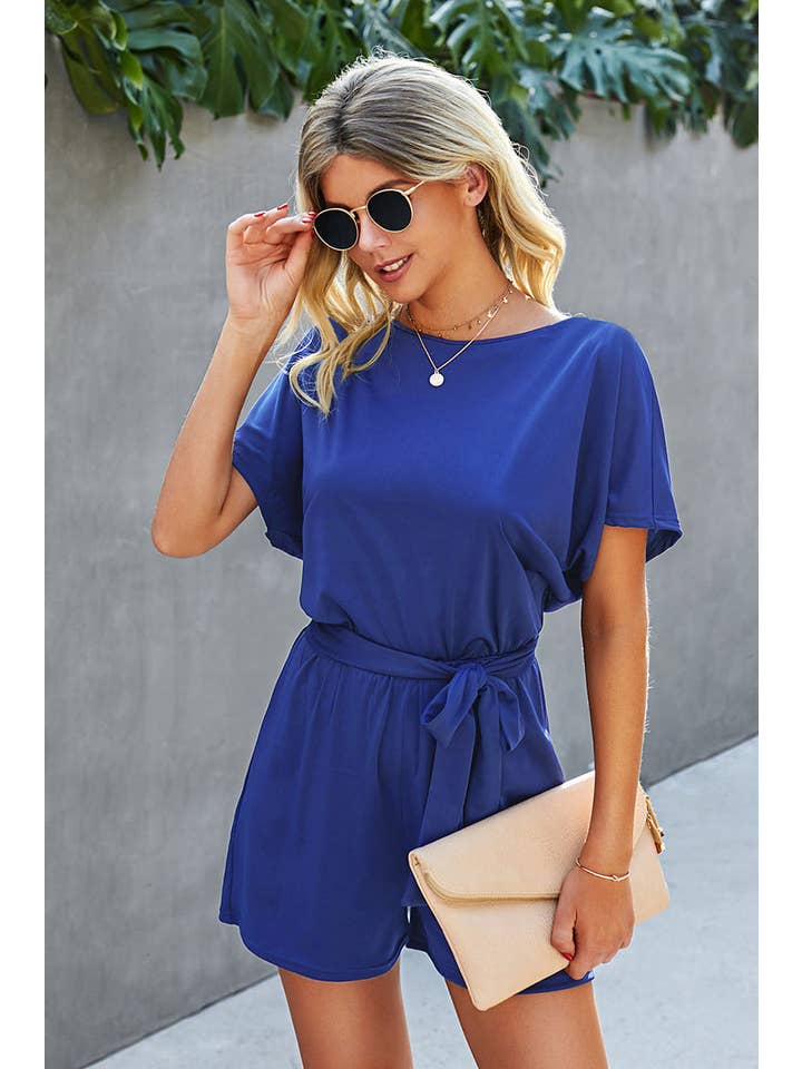 Supreme Fashion - Wholesale Romper - Women's - Boat Neck Short Sleeve Waist Tie Loose Romper