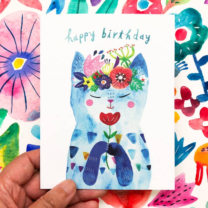 Honeyberry Studios - Wholesale Birthday Card - Blue Flower Kitty Birthday Greeting Card2