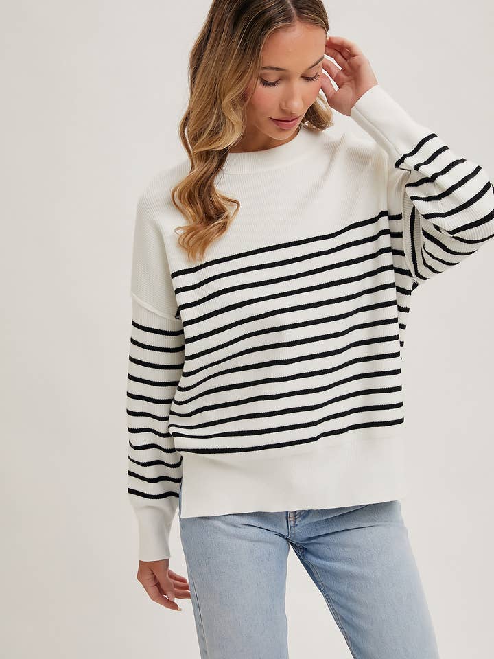 Bluivy - Wholesale Knit Sweater - Women's - STRIPED KNIT SIDE SLIT SWEATER TOP
