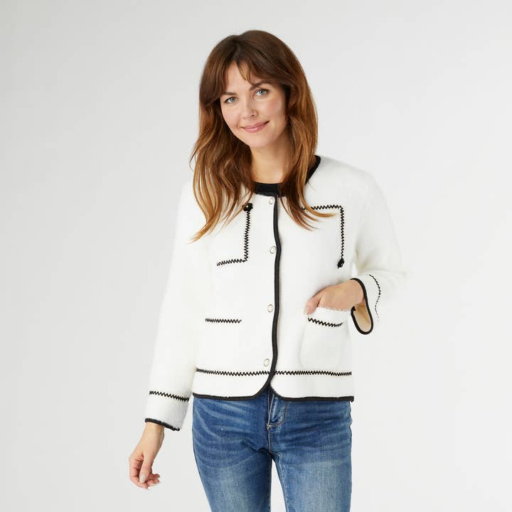 Winter White Clarice Cardigan with Trim Detail for wholesale on Faire