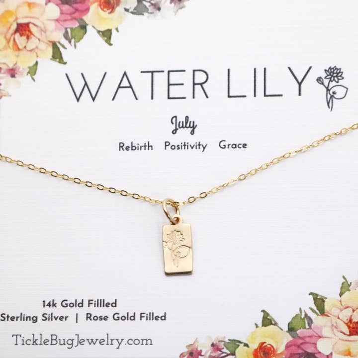 Birth flower Tag Necklace - Sterling Silver, Gold, Rose Gold for wholesale by Tickle Bug Jewelry