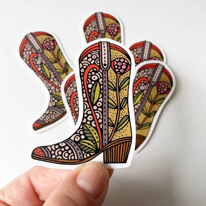 Folk Art Cowboy Boot Vinyl Sticker for wholesale by Valentina Harper