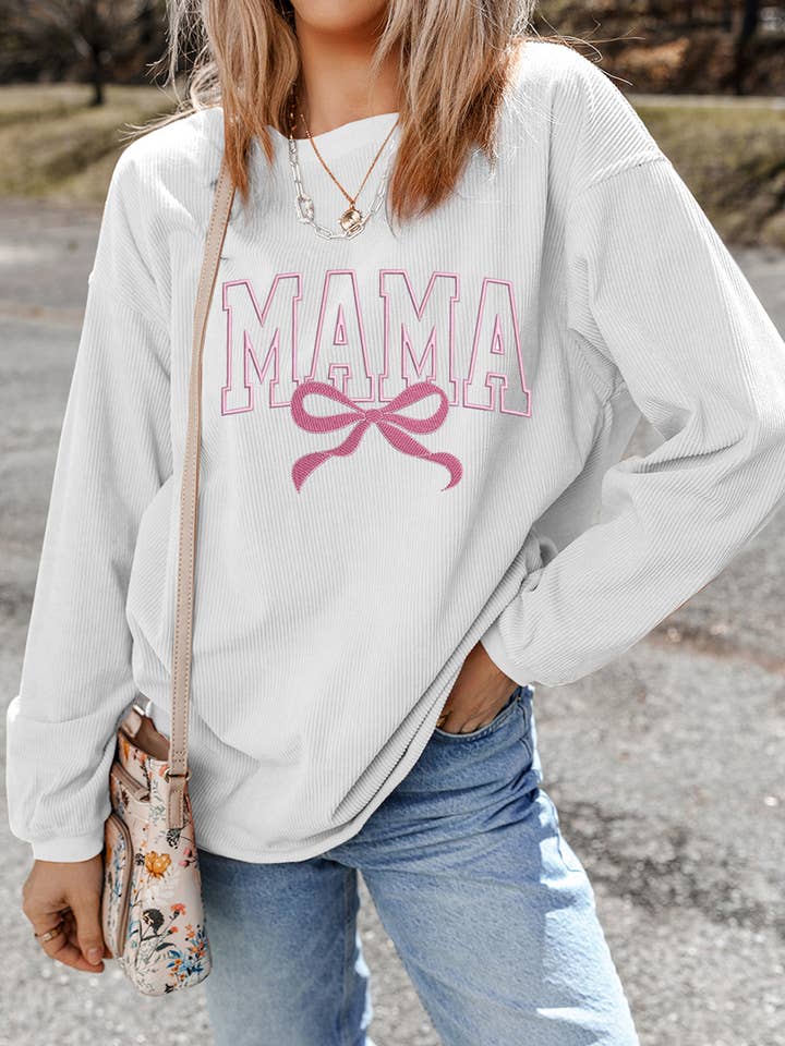MAMA Bowknot Embroidered Ribbed Pullover Sweatshirt for wholesale by fashionworks