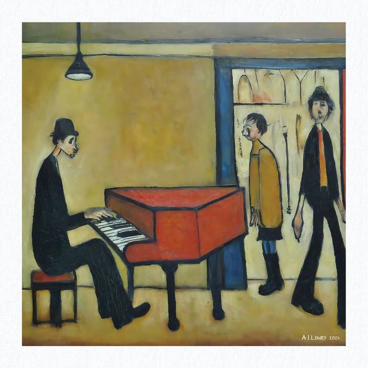 Piano Man - Giclée Art Print 21cm Square. Entertaining Image in the Style Of LS Lowry for wholesale by AI Lowry
