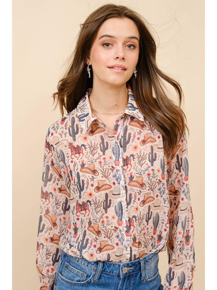 Blue B - Wholesale Button Down Shirt - Women's - 36204T - Western Print Chiffon Button Up Blouse