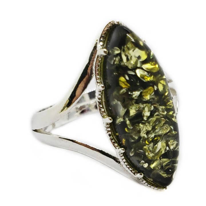 Anello regolabile in argento sterling con ambra verde per la vendita all'ingrosso da parte di Amberman