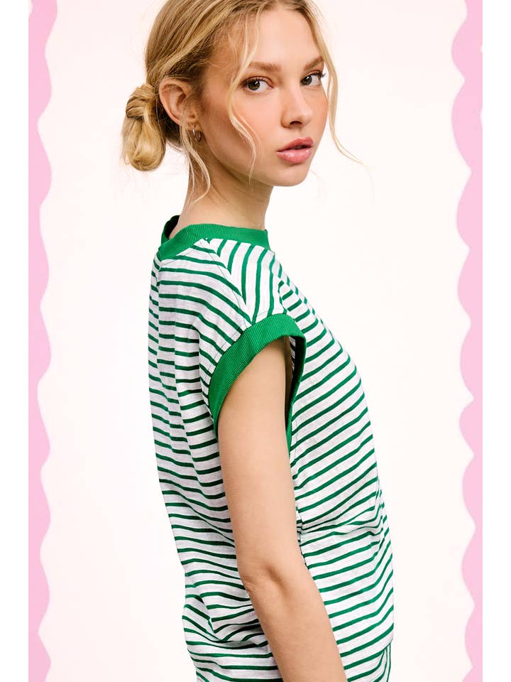 La Miel - Wholesale T-Shirt - Women's - JDT7710-Nautical Cap Sleeve Striped Top