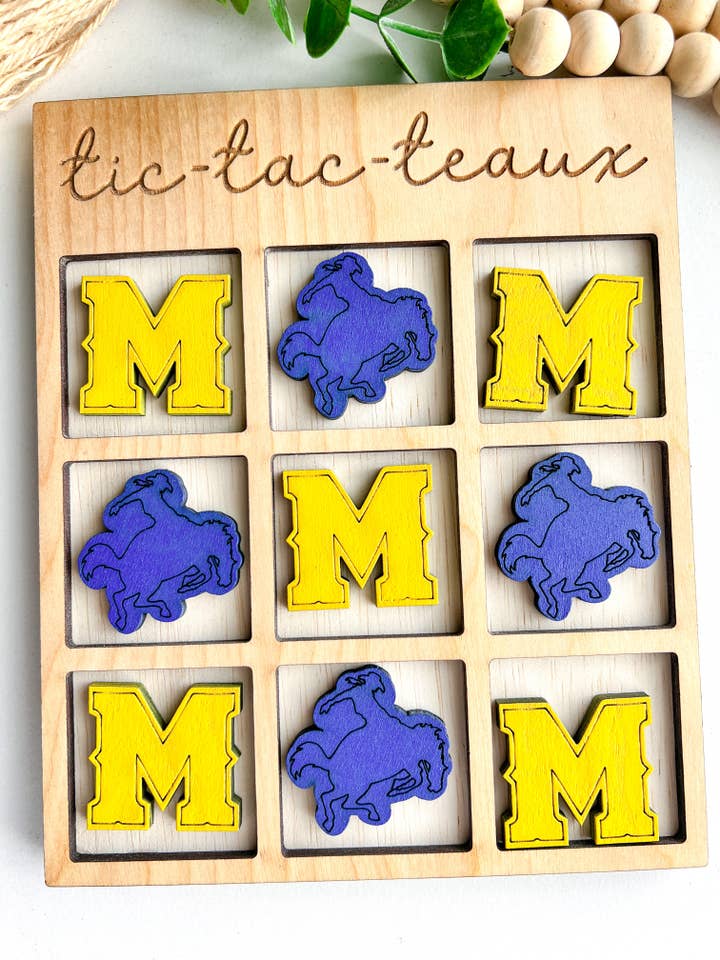 Tic Tac Teaux Blue and Gold M and Cowboy Tic Tac Toe for wholesale by Geaux Magnolia