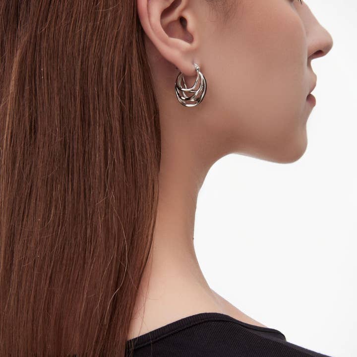 PARAGON CAT - Wholesale Hangende/ronde oorbellen - 925 zilveren opengewerkte meerlaagse onregelmatige eenvoudige oorbellen3