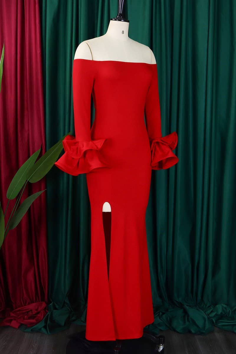 NINEXIS - Wholesale Gown - Women's - CWDMD1729_ONE SHOULDER SLIT RUFFLE SLEEVE EVENING MAXI DRESS7