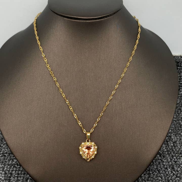 Mio Queena - Wholesale Pendant/Charm Necklace - Sparkling Heart Zircon Charm 18K Gold Plated SS Necklace-FGS5