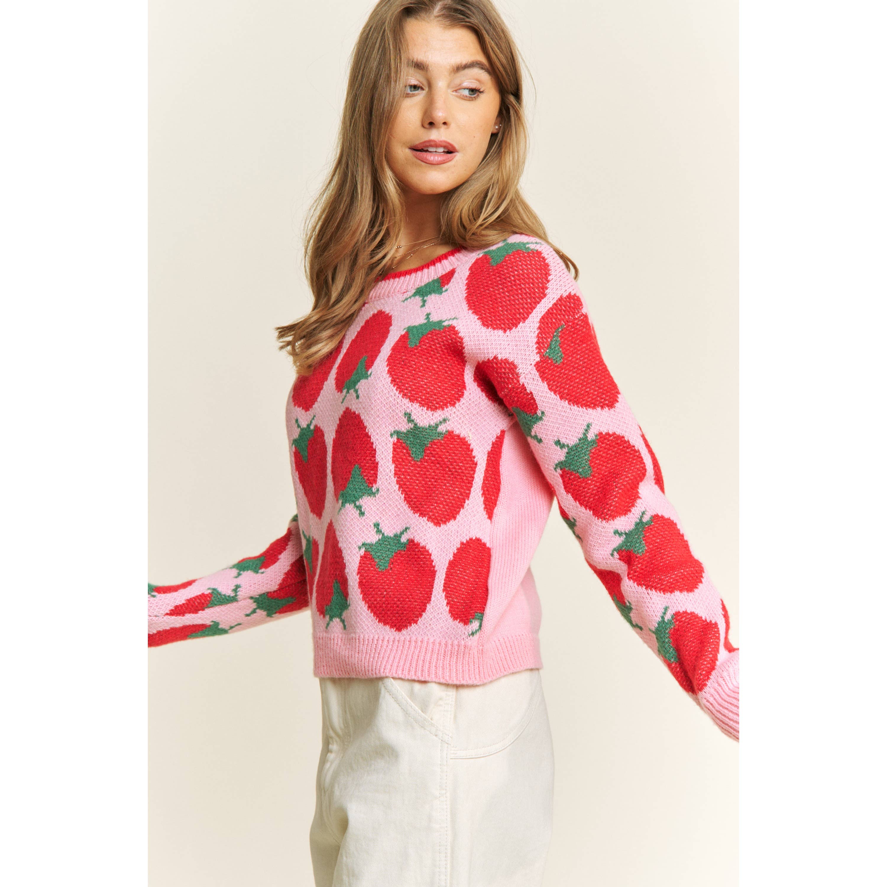 Pink Multi CUTE STRAWBERRY JACQUARD CASUAL PULLOVER SWEATER for wholesale on Faire5