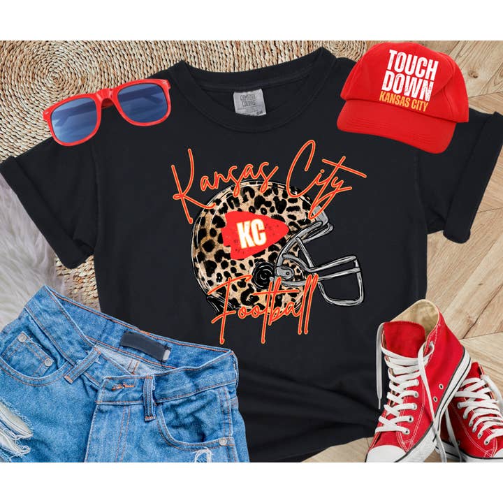 Kansas City Football Leopard Helmet Black Tee for wholesale by The Red Rival Wholesale