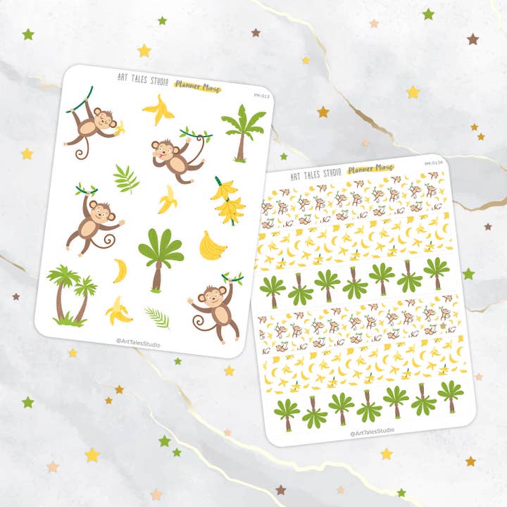 Apenstickers, stickervel en washi tape set, dieren stickervel, plannerstickers, plakboek, stationair, bujo, jungle, banaan, bomen voor wholesale door Art Tales Studio