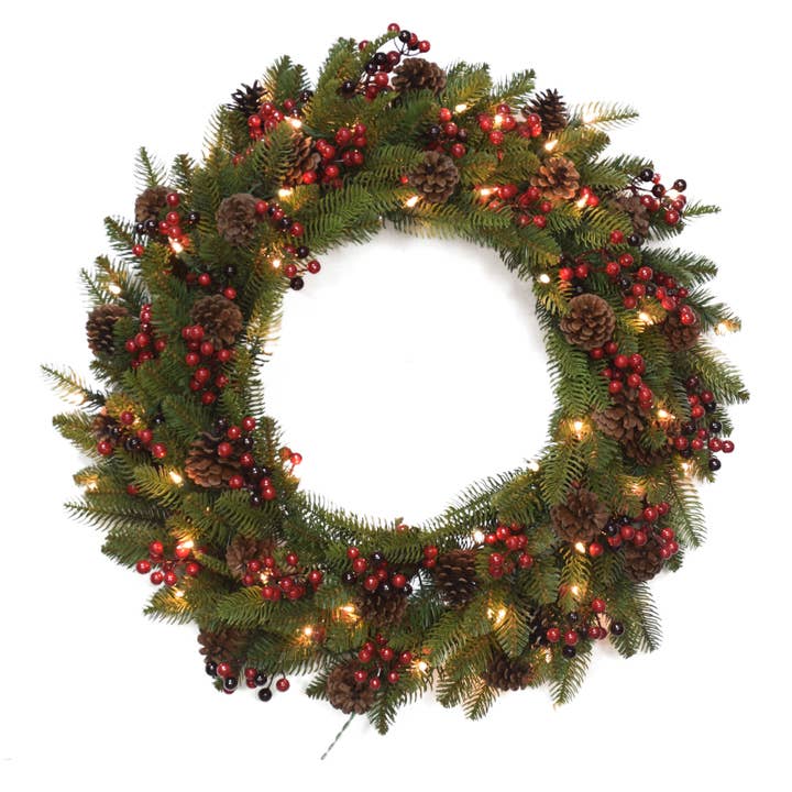 Santa’s Workshop Inc. - Wholesale Wreath - 30" Wreath with Red Berries, Pinecones, 200 Tips, 35 Lights