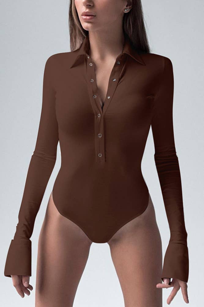 UNISHE - Wholesale Bodysuit - Women's - Plain Button UP Long Sleeves One Piece Bodysuit ZZKF4103