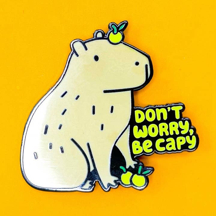 Capybara and Yuzu Hard Enamel Pin "Don't Worry Be Capy" for wholesale by Tiny Bee Cards