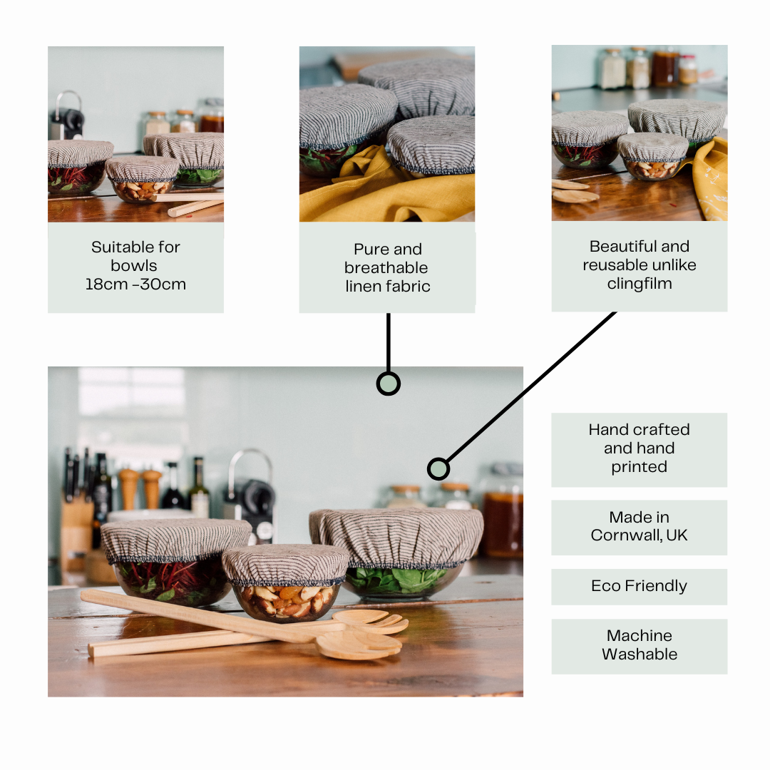 Helen Round - hand printed linen (US Duties Paid) - Vente Sachet de conservation/film alimentaire - Couvre-bols en lin rayé, ensemble de 3, couvre-bols réutilisables6