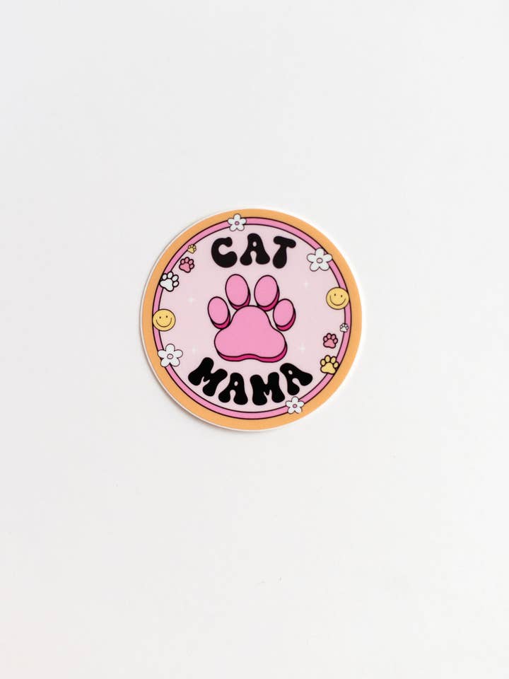 Kattmamma Rosa & Orange Tass Söt Katt Tryck Vinylklistermärke för wholesale av NatterDoodle