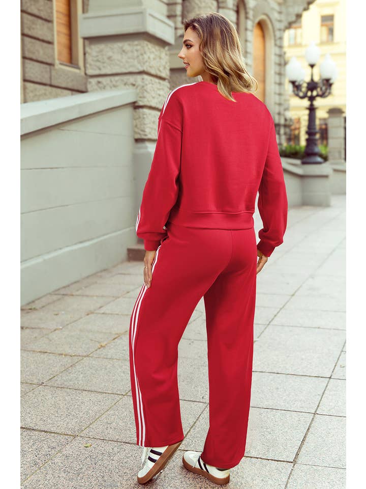 1 the Woman - Wholesale Top & Pant Set (NOT Loungewear) - Women's - Varsity Striped Cropped Pullover Wide Leg Pants 2pcs Outfit1