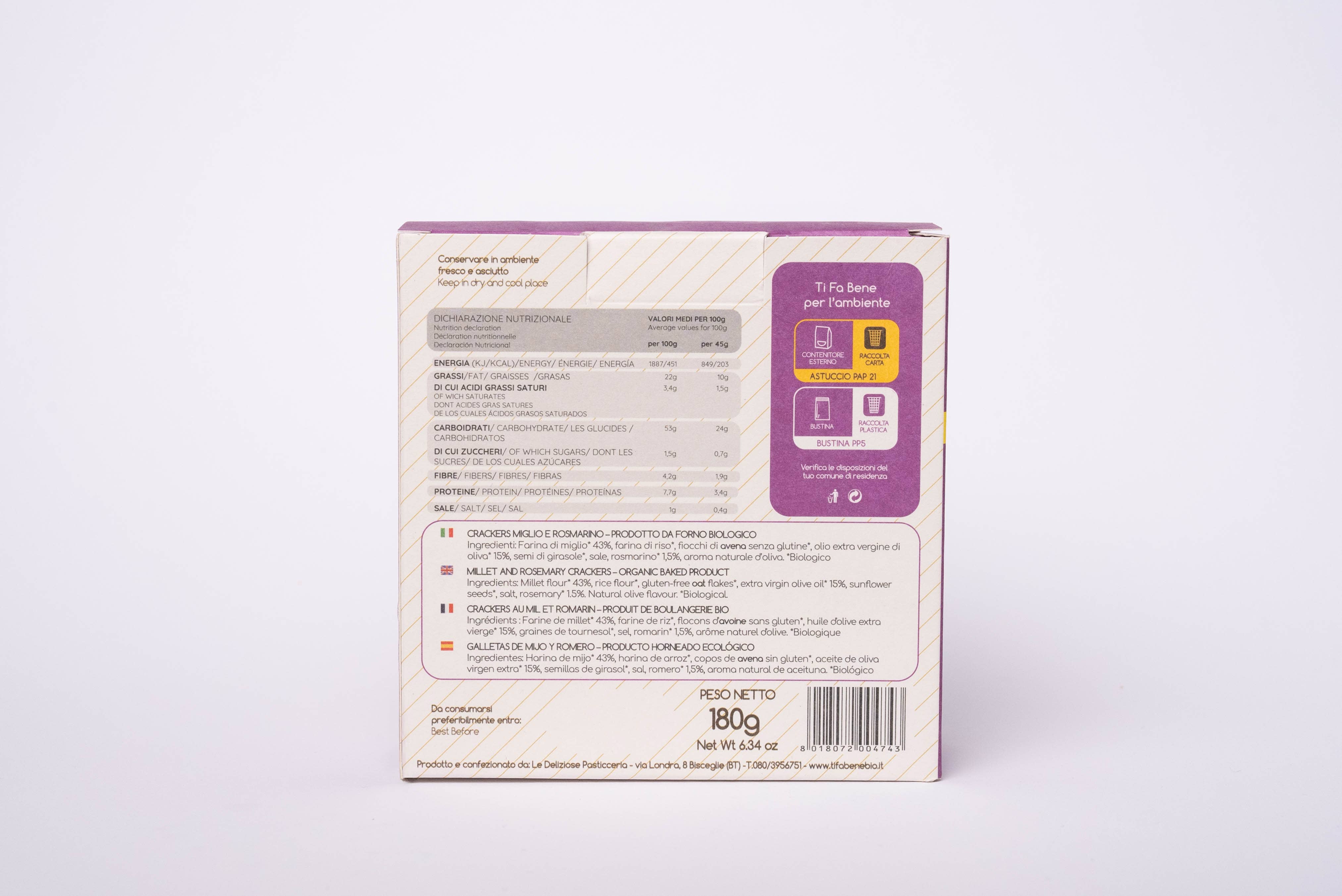 Le deliziose pasticceria sas Ti fa bene bio - Wholesale Crackers - Organic Millet and Rosemary Crackers 180g1