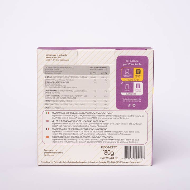 Le deliziose pasticceria sas Ti fa bene bio - Wholesale Crackers - Organic Millet and Rosemary Crackers 180g1