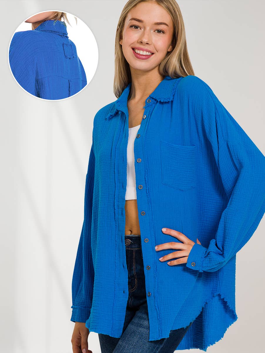 42POPS – Engroshandel Skjorte med buttondown – til kvinder – .OVERSTØRRELSE SKJORTE MED RÅ KANT OG BAGPATCH5