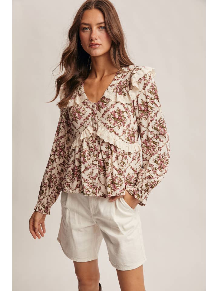 Forte - Wholesale Blouse – Women’s - Eyelet Ruffle Floral Peplum Blouse FT00121