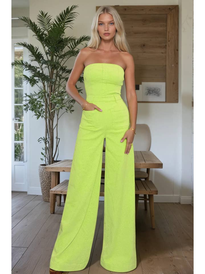 WISTERIA LANE – Engroshandel Jumpsuit - Dame – Off-shoulder jumpsuit med vidde ben i lime denim