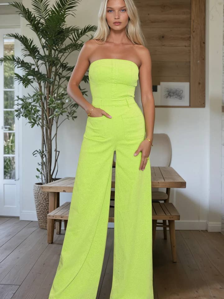 OFF SHOULDER WIDE LEG DENIM JUMPSUIT 4406 LIME for wholesale by WISTERIA LANE