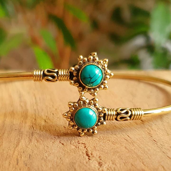 Bali Flower Brass Bracelet / Turquoise / Bangle / Ethnic / Rustic / Bohemian / Hippie / Gypsy / Psy / Adjustable for wholesale by Kaali Boutique