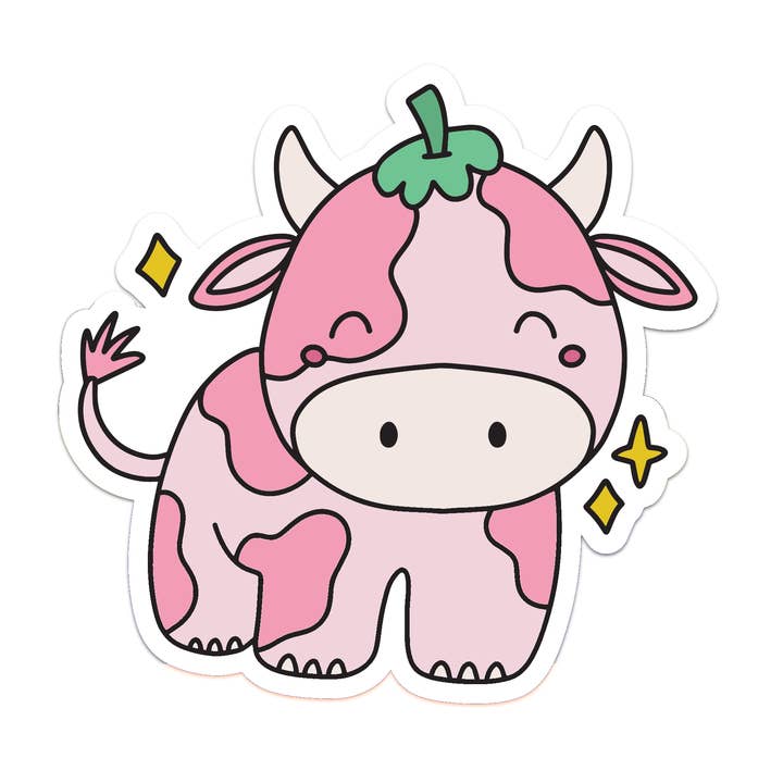 Cute Strawberry Cow Pink Vinyl Sticker for wholesale by Mouthy Broad