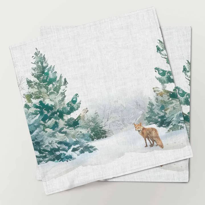 Suisse Maison de Lin - Wholesale Dinner & cloth napkin - Woodland Fox Winter Natural Linen Napkins