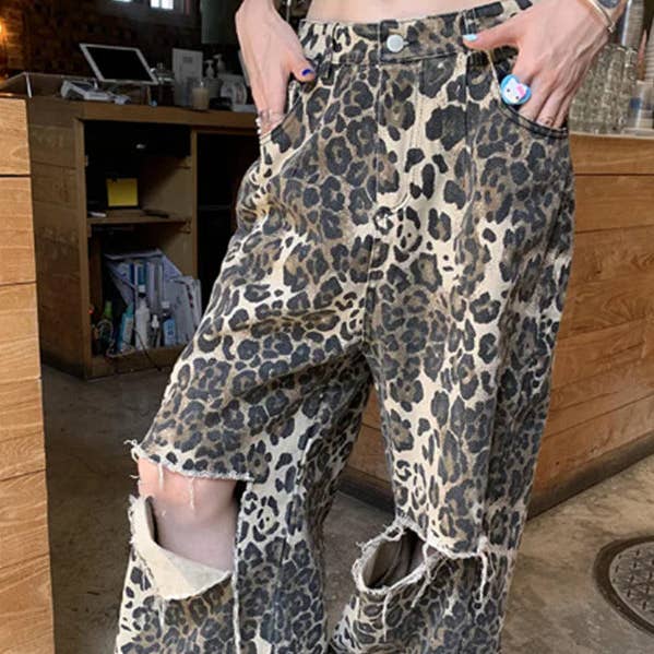 High Waisted Loose Leopard Printed Ripped Split-Joint Jean Pants Bottoms for wholesale by UZ Wholesale Store