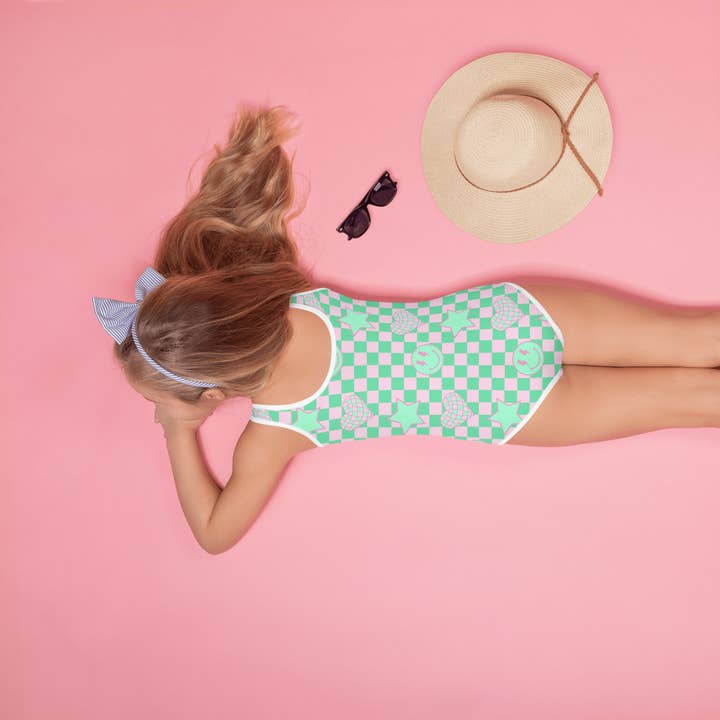 Fato de Banho Infantil Retro em Xadrez Rosa e Verde por atacado de Once Upon a Find Couture