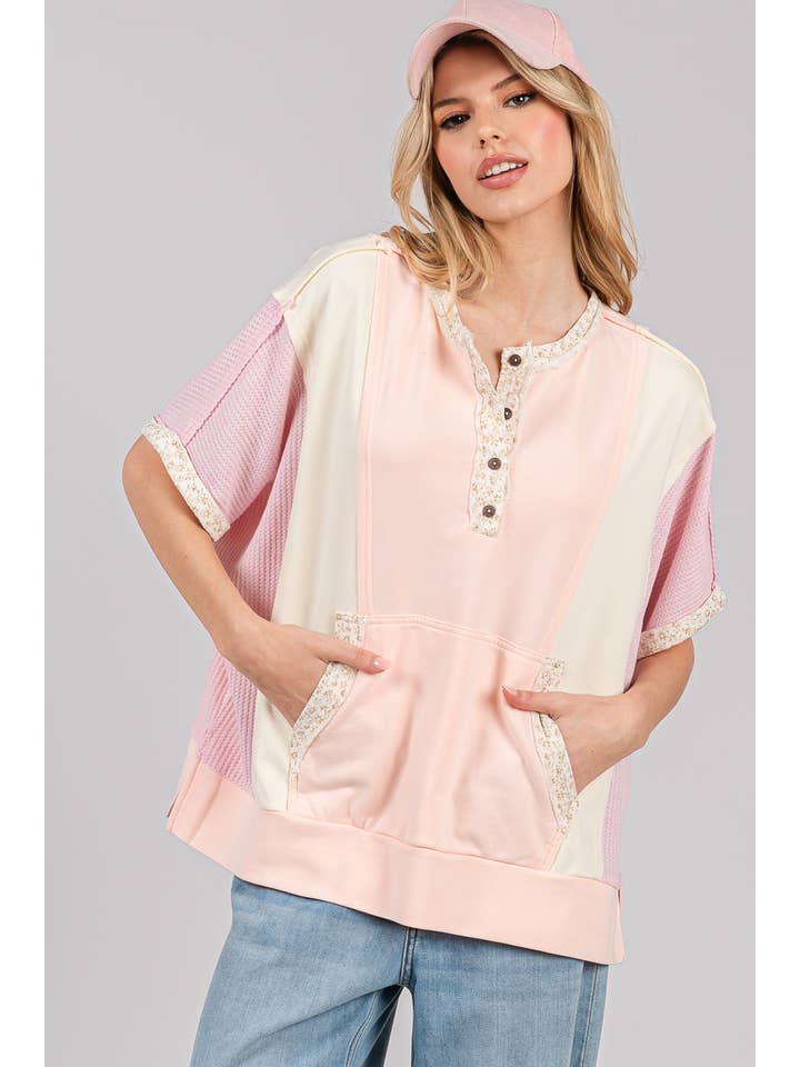 Sage + Fig - Wholesale T-Shirt - Women's - COLORBLOCK HALF BUTTON KNIT TOP (ST7641)