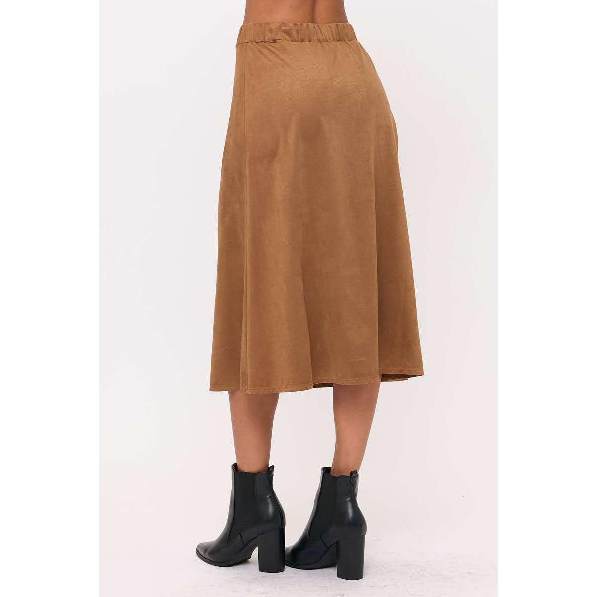 COGNAC ELASTIC WAIST ALINE BUTTON DOWN SUEDE SKIRT for wholesale on Faire3