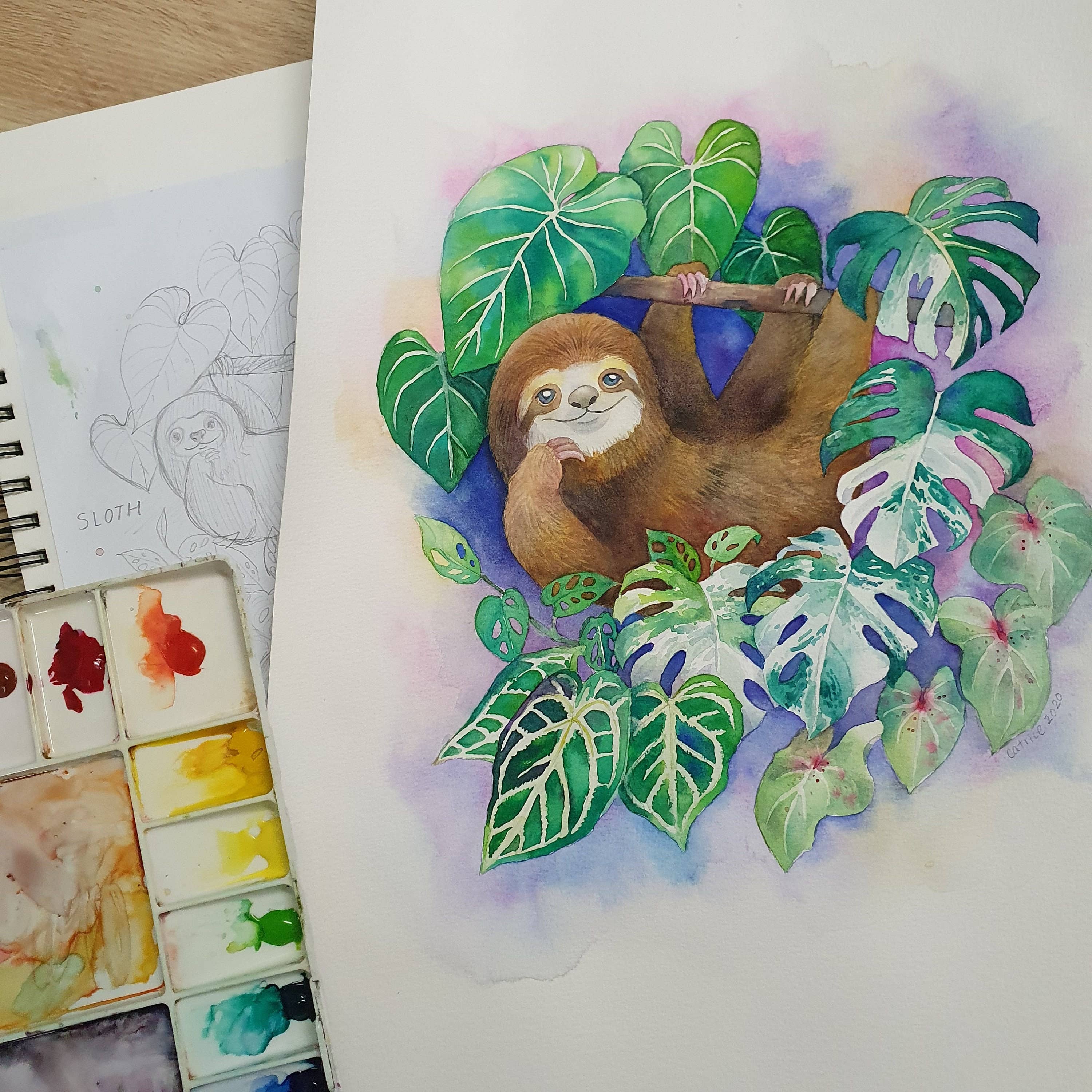 Watercolour By Cat - Vente Affiche d'art - Paresseux dans la forêt tropicale//Impression d'art aquarelle//Art mural3