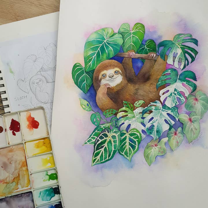 Watercolour By Cat - Vente Affiche d'art - Paresseux dans la forêt tropicale//Impression d'art aquarelle//Art mural3