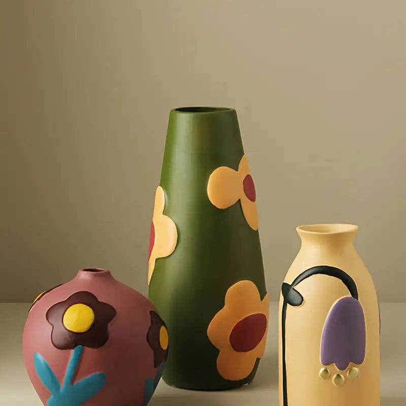 Huis Van Merken – Vaso por atacado – Conjunto de Vasos de Cerâmica - Decoração Floral Colorida para Sala de Estar0