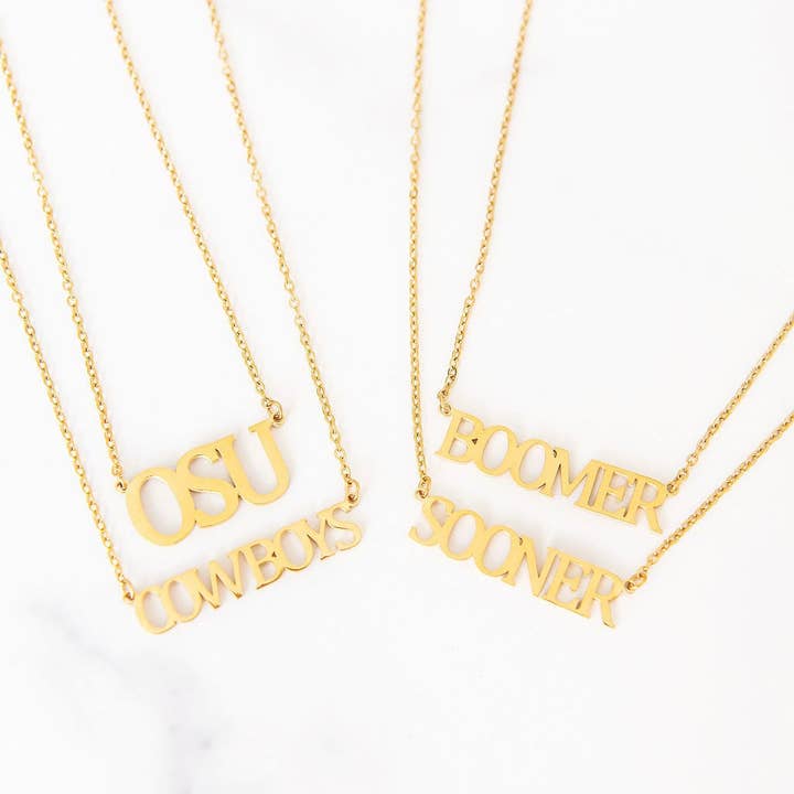 Oklahoma Collegiate Nameplate Necklaces for wholesale by Golden Thread