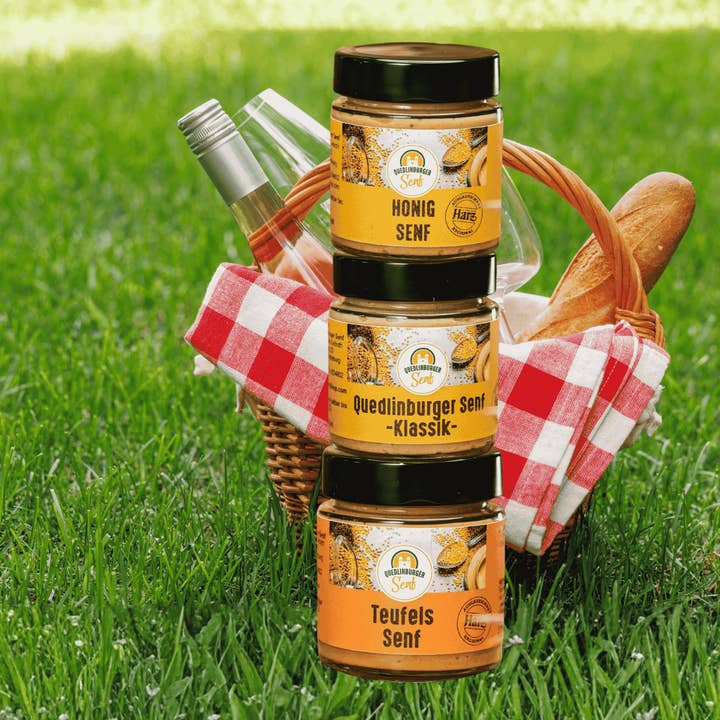 Conjunto de degustação "Os nossos favoritos" – Mostarda de mel, Mostarda clássica e Mostarda do diabo por atacado de Quedlinburger Senf