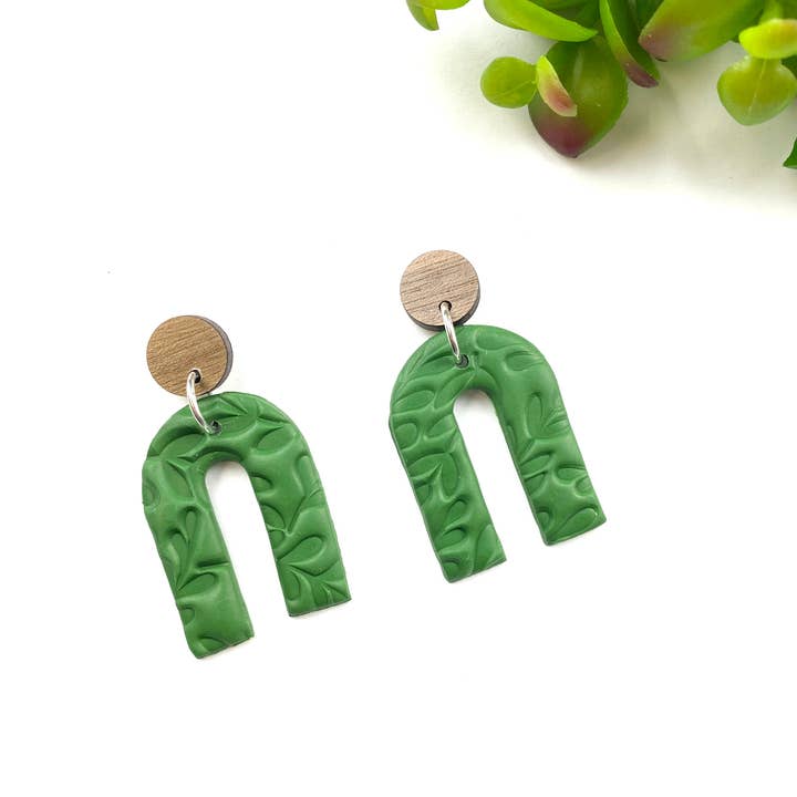 Green Arch Floral Clay and Wood Earring for wholesale by Anna Bannister with ReNue