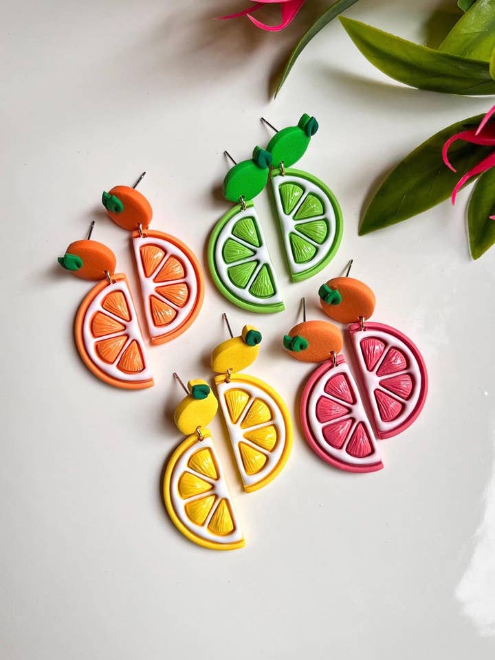 Citrus Fruit Polymer Clay Earrings, Food Jewelry for wholesale by WanderingCalicoClay