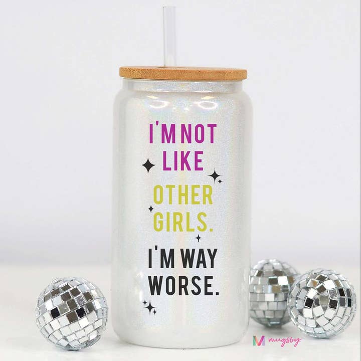 Mugsby - Wholesale Drinking Glass/Cup - I'm Not Like Other Girls Funny Glitter Glass Cup, Glass Mug