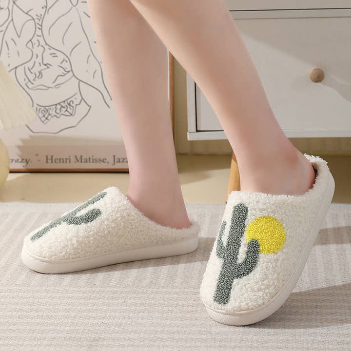 White CACTUS PATTERN WARM COTTON SLIPPERS_CWSHS0285 for wholesale on Faire