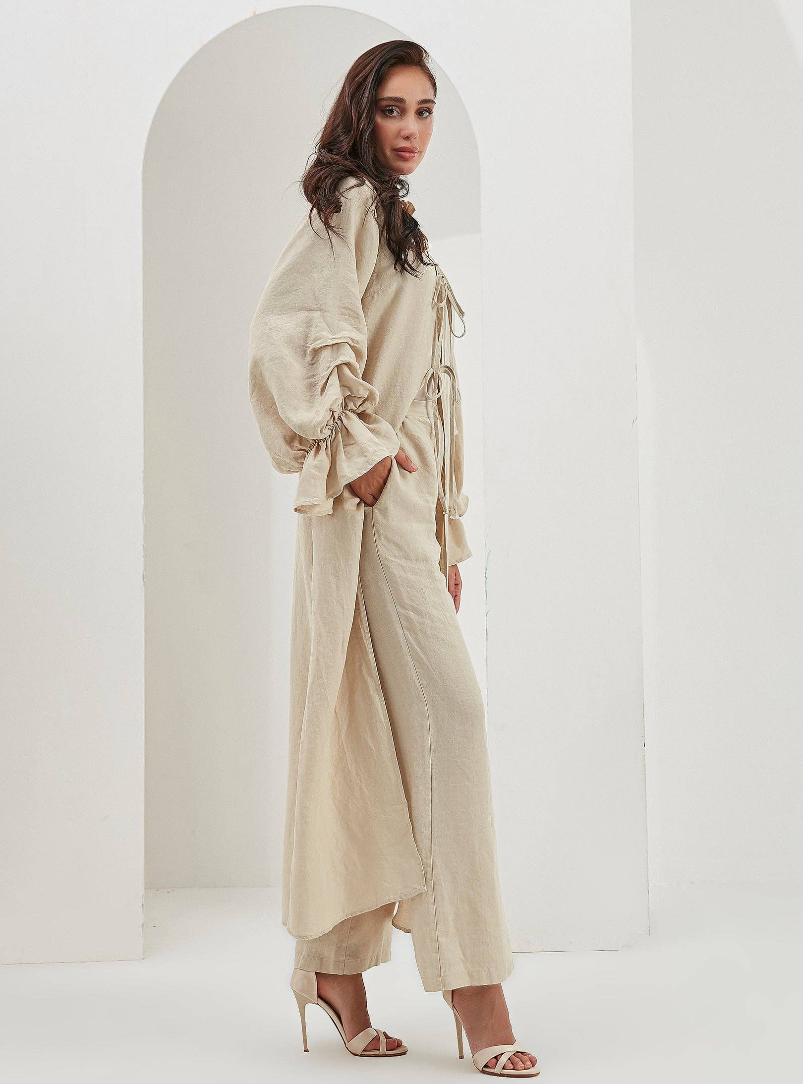 Store WF – wholesale Top & pants set (NOT Loungewear) – Women's – 100% Washed Linen Beige Balloon Sleeve Kimono Trousers Set4