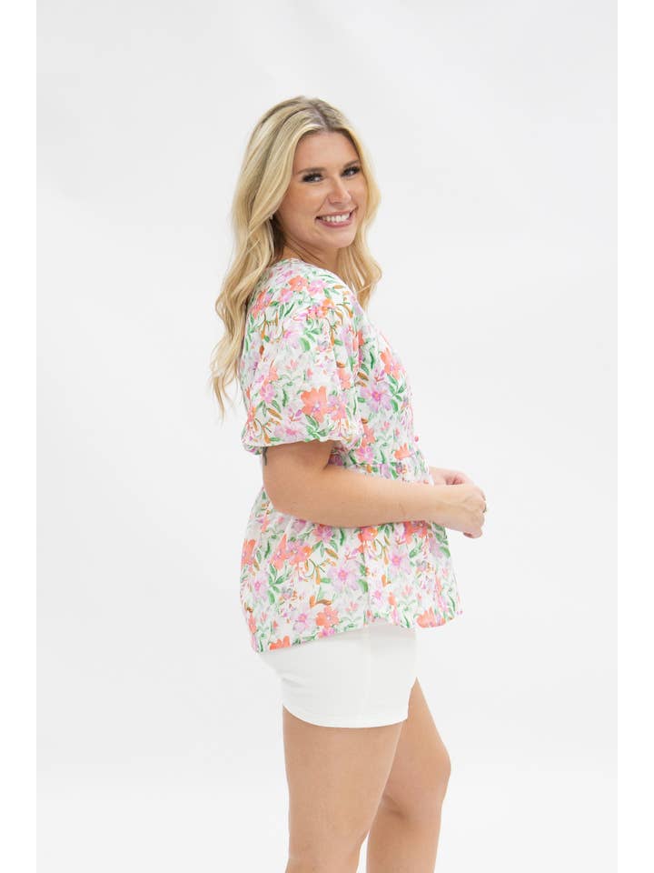 Floral Puff Sleeve Blouse, Watercolor Flowers for wholesale on Faire4