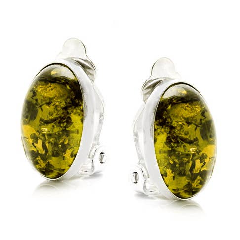 Baltic green amber clip earrings, silver for wholesale by OPALOOK France
