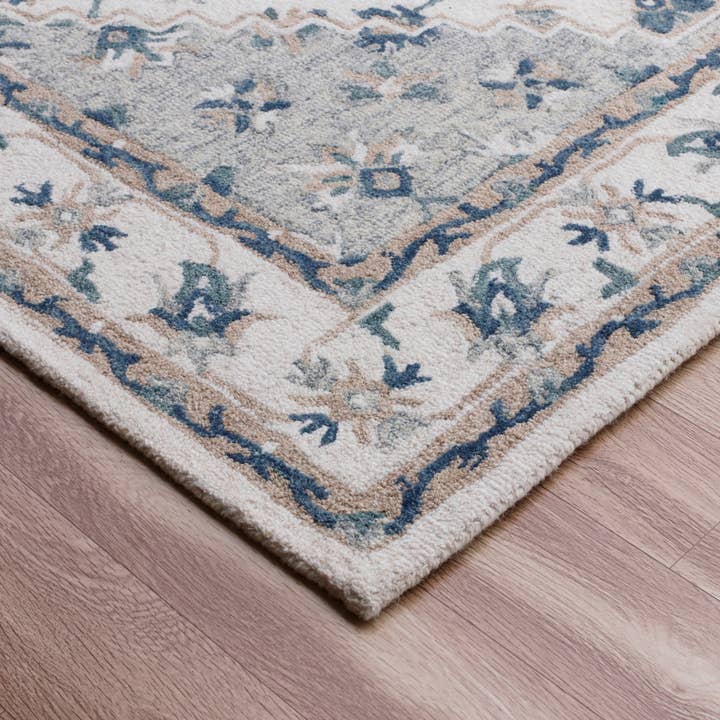 LR Home - Vente Tapis - Tapis d'intérieur en laine biologique à motif floral gris/ivoire traditionnel2